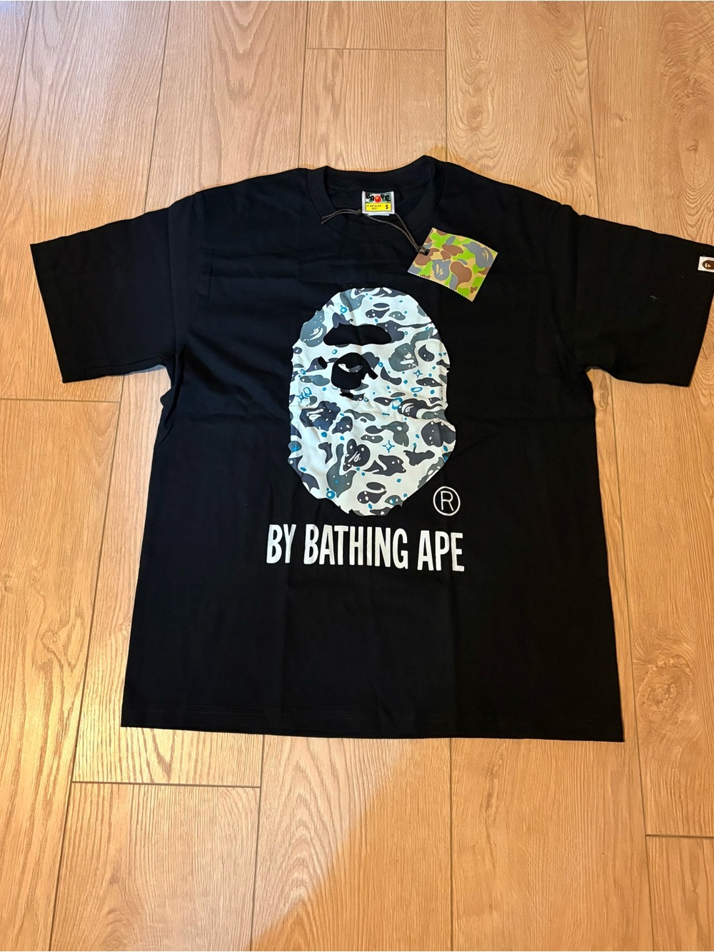 Bape Black Tee with Blue Gray Camo Ape Head